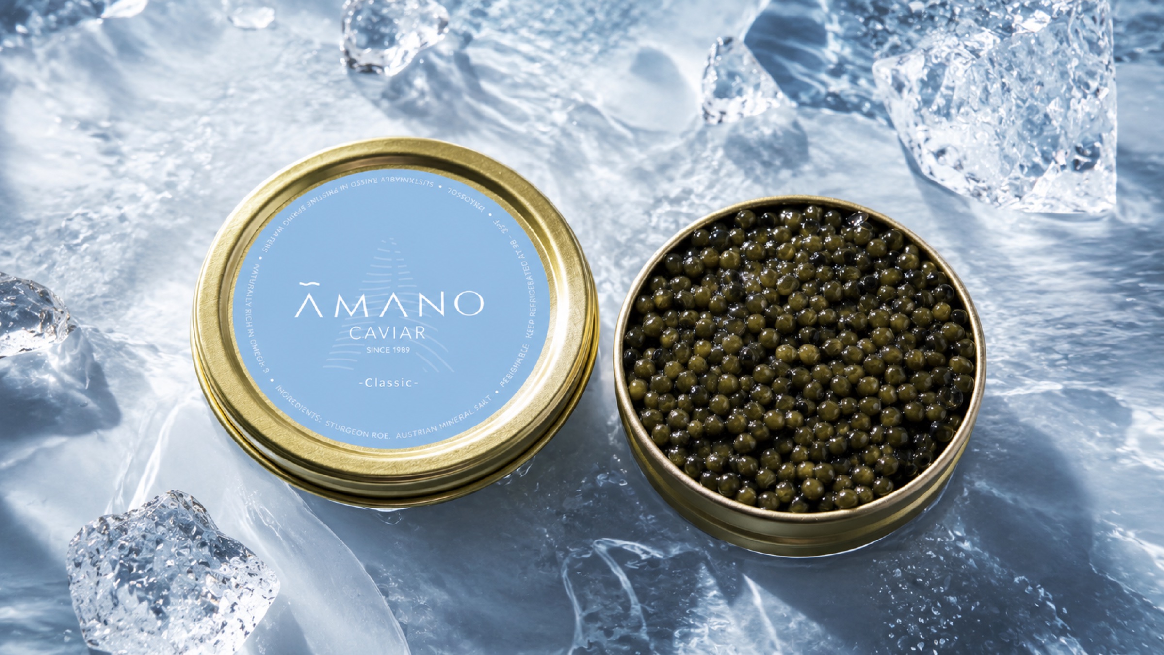 AMANO Classic caviar arranged over a crystalline ice-blue surface