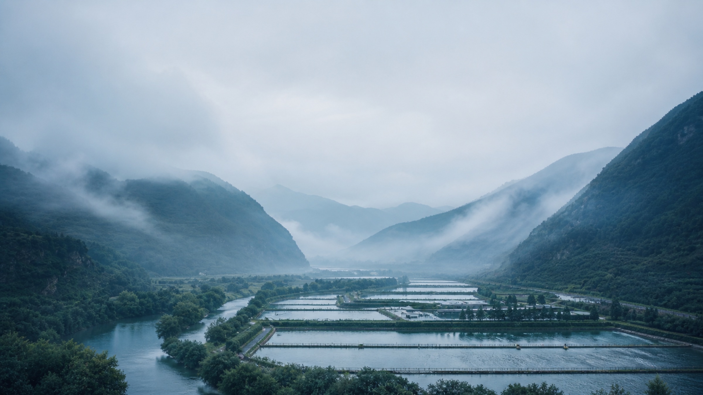 A cool mist settling over the valley and aquaculture waters