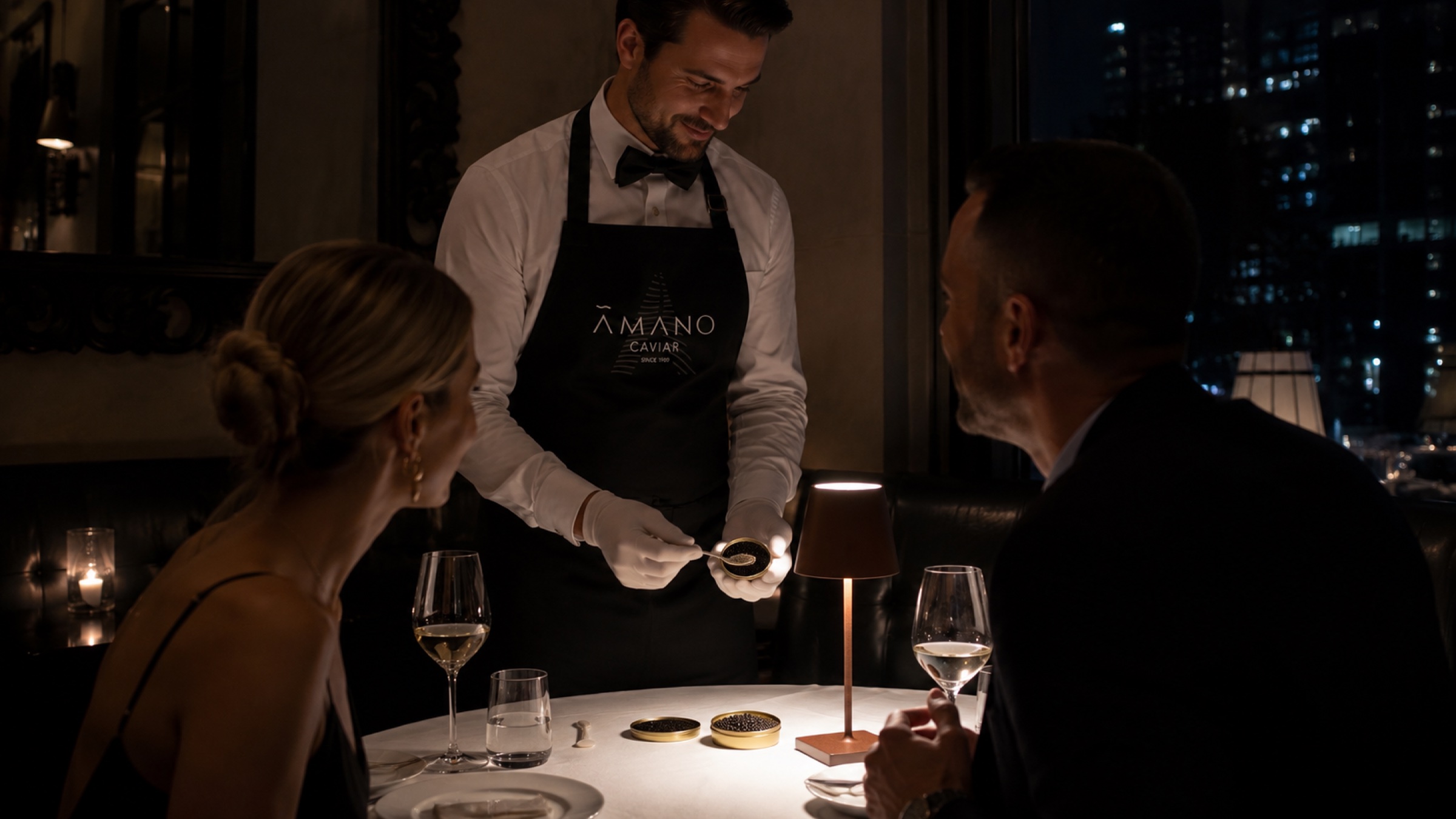 AMANO caviar presented at an intimate evening table