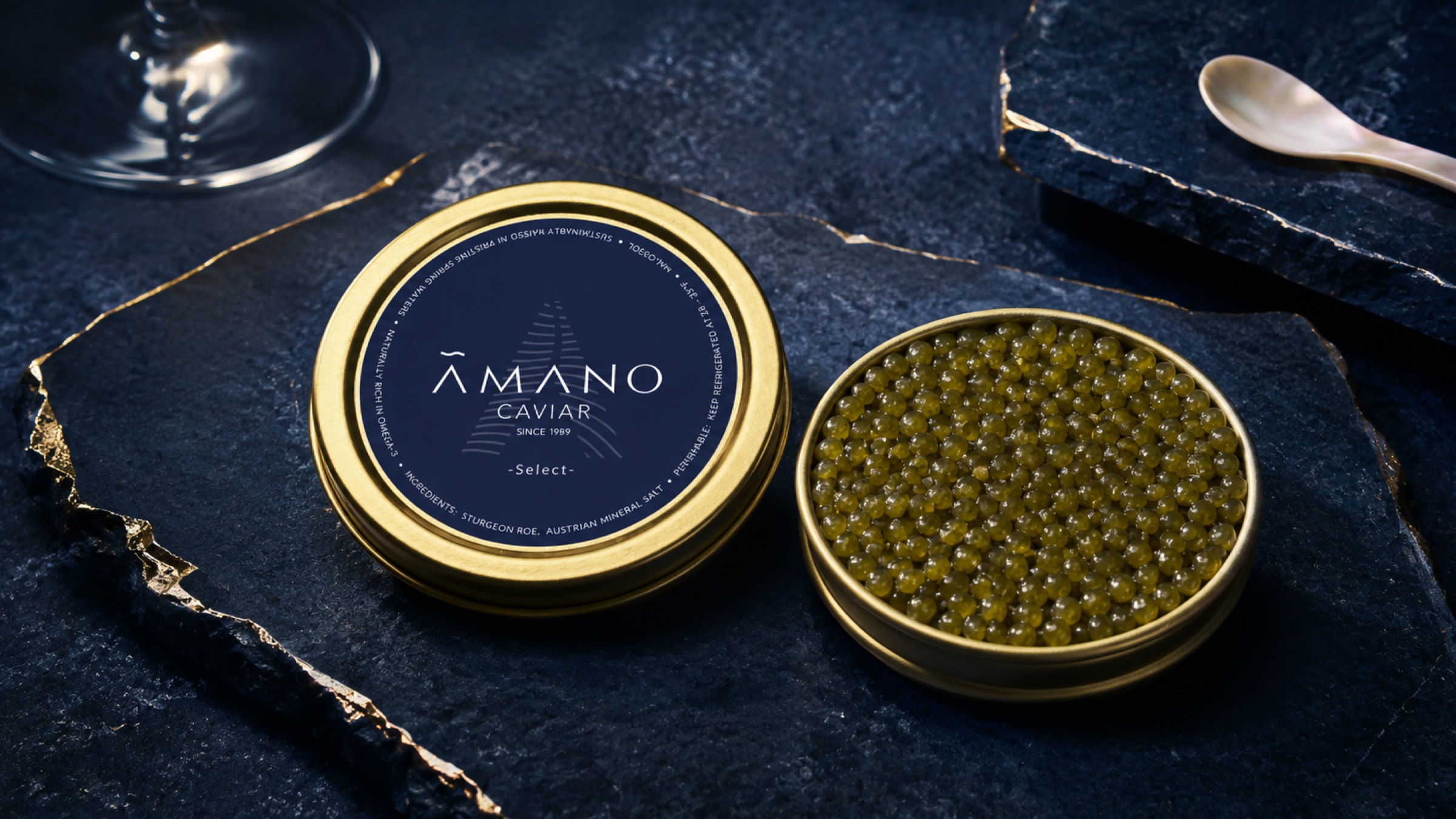 AMANO Select caviar presented on sculptural deep-blue stone