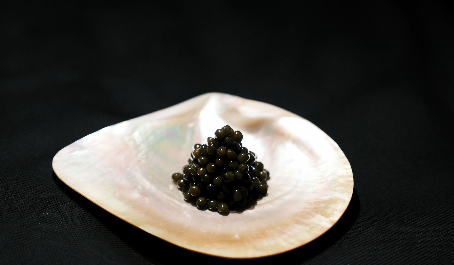 AMANO Kaluga caviar presented on a shell serving plate against black textile
