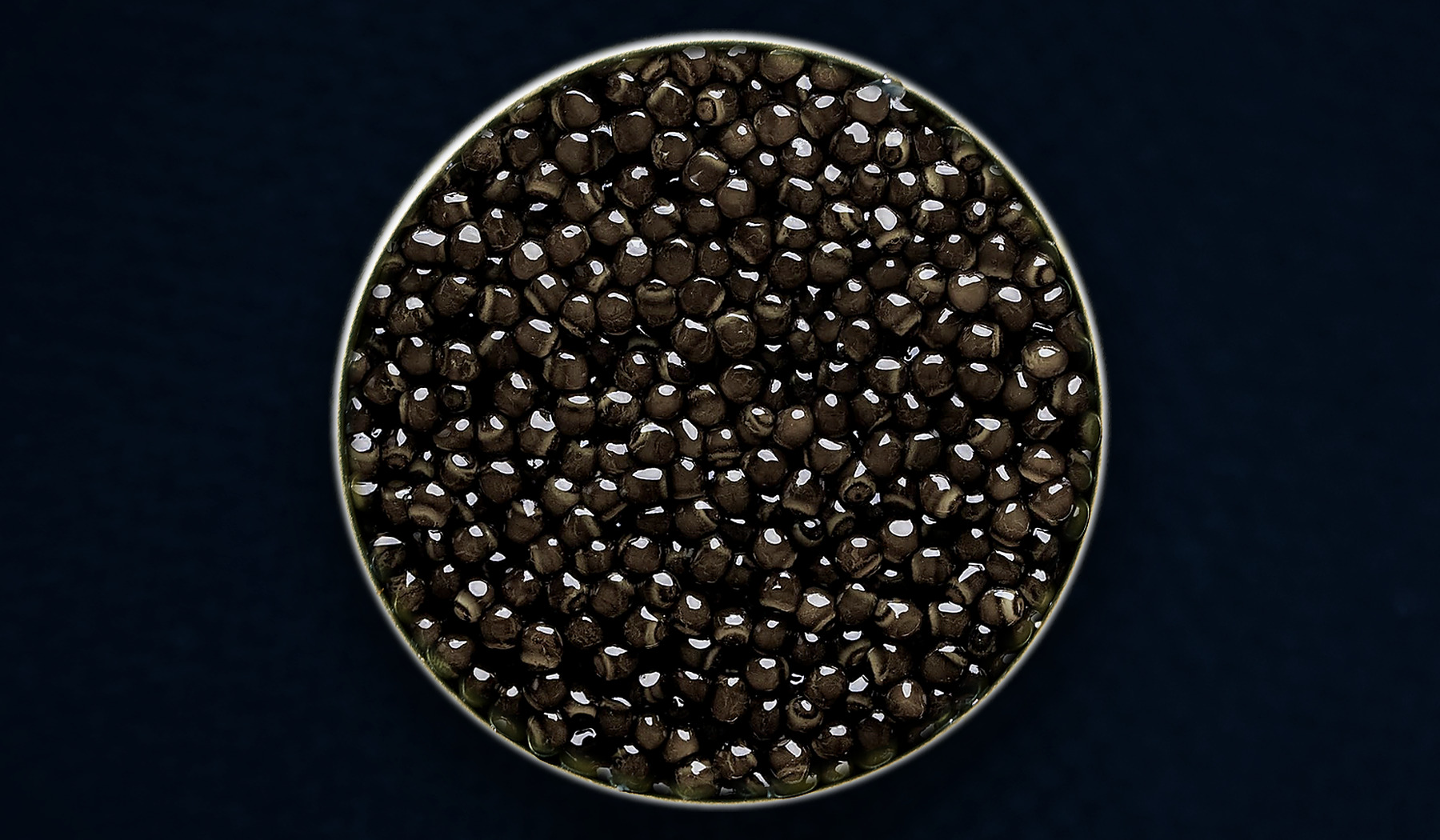 Closer view of an open tin of AMANO Siberian caviar; natural batches vary