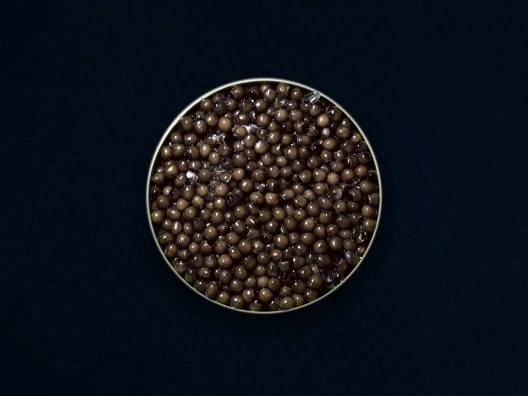 An open gold tin of AMANO caviar on midnight-blue textile — editorial presentation; natural batches vary