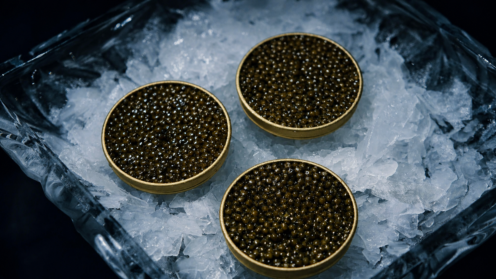 AMANO caviar collection kept chilled over crushed ice; natural batches vary