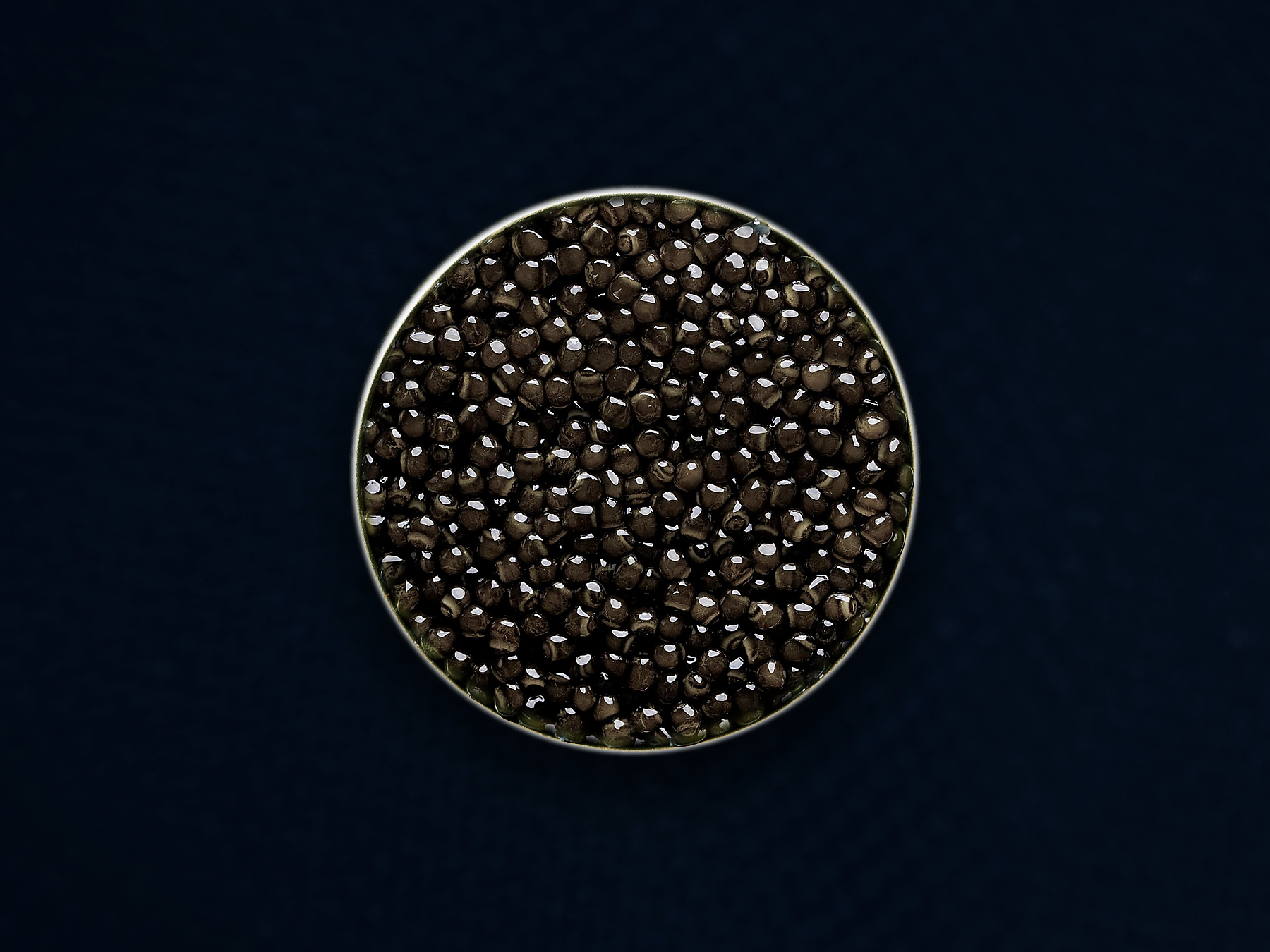 An open gold tin containing only dark AMANO caviar on midnight-blue textile — editorial presentation; natural batches vary